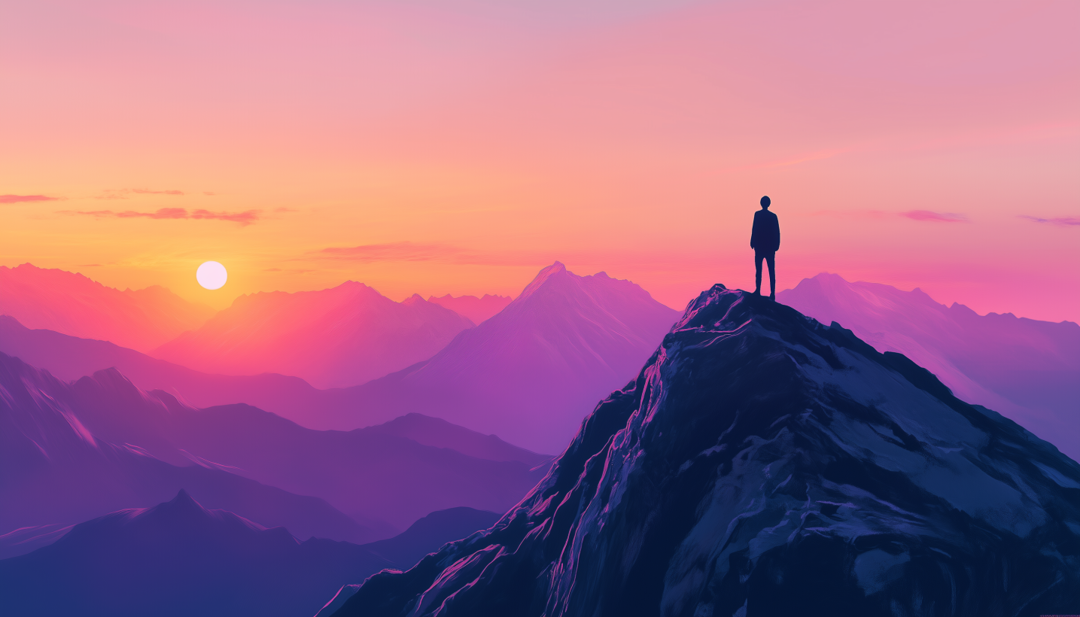 Silhouette on mountain peak at sunset symbolizing Enneagram 1w9 need for peaceful reflection and perspective.