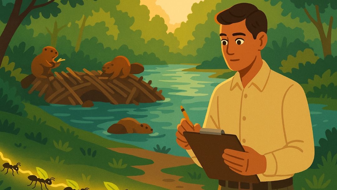 Enneagram Type 1 animal representation featuring researcher observing hardworking beavers and industrious ants in natural habitat.