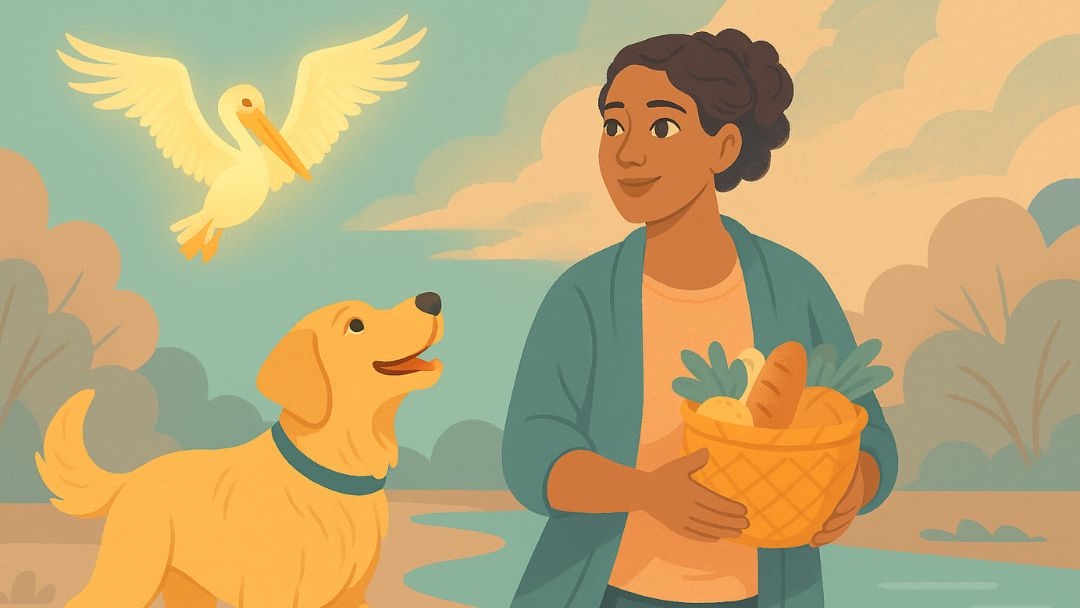 Enneagram Type 2 animals featuring caring woman with golden retriever and pelican, representing helpful and nurturing personality traits.