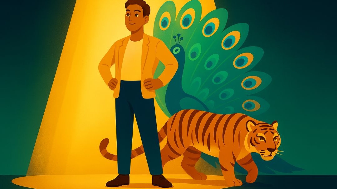 Enneagram Type 3 animals featuring confident man in spotlight with peacock and tiger, representing ambitious achiever traits.
