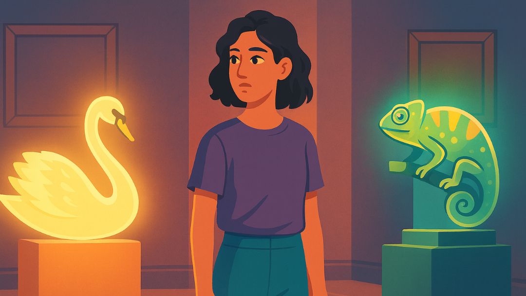 Enneagram Type 4 animals featuring contemplative woman in art gallery with elegant swan and color-changing chameleon representing individualist traits.
