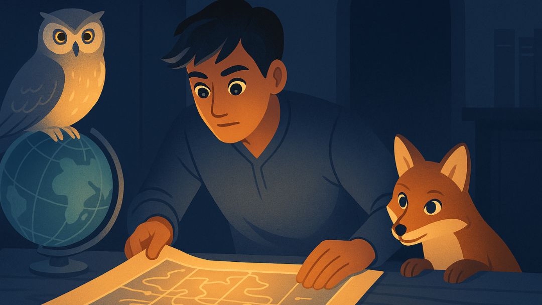 Enneagram Type 5 animals featuring studious man with wise owl and clever fox in nighttime study, representing investigator personality traits.