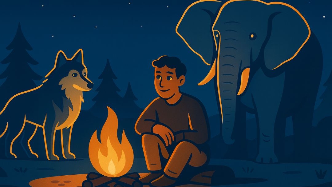 Enneagram Type 6 animals featuring man by campfire with loyal wolf and protective elephant, representing loyalist security-seeking traits.