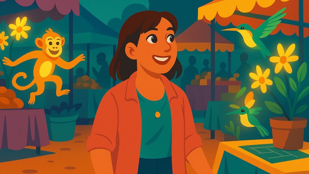Enneagram Type 7 animals featuring enthusiastic woman at colorful market with playful monkey and vibrant hummingbirds representing adventurous enthusiast traits.