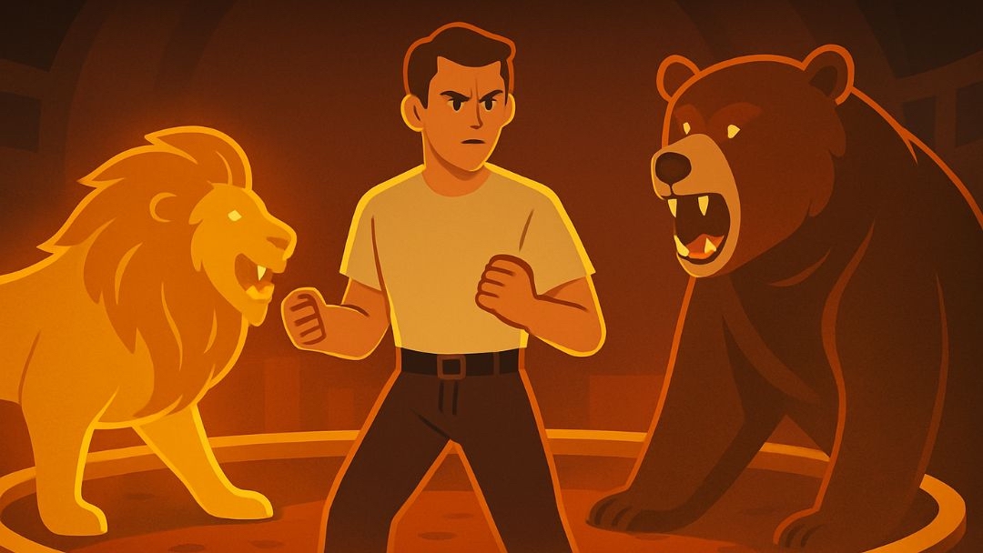 Enneagram Type 8 animals featuring determined man with powerful lion and fierce bear, representing challenger and protector personality traits.