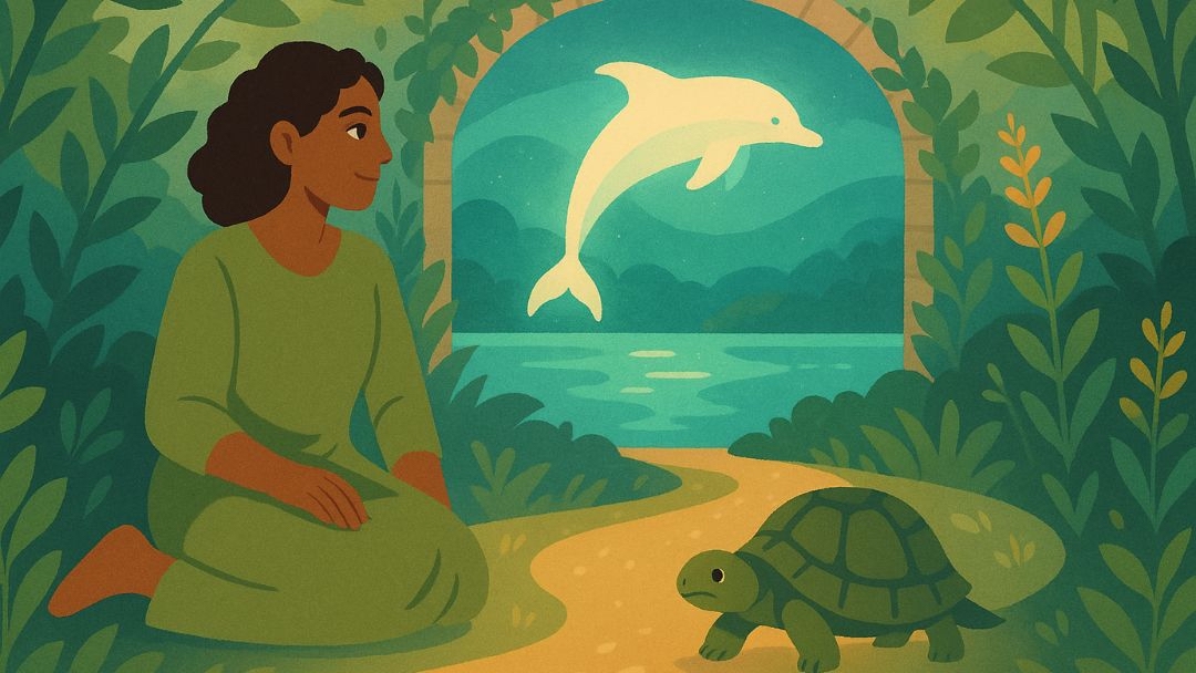 Enneagram Type 9 animals featuring peaceful woman in serene garden with gentle dolphin and slow-moving turtle representing peacemaker traits.