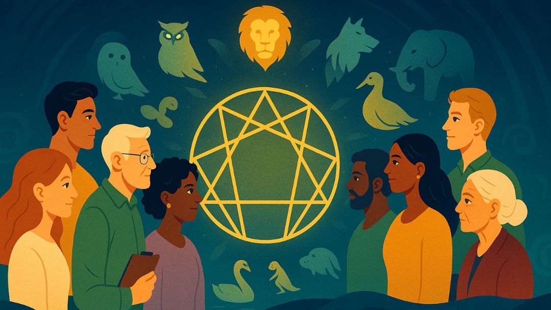 Enneagram animals guide featuring diverse group discussing personality types around central Enneagram symbol with representative animals in background.