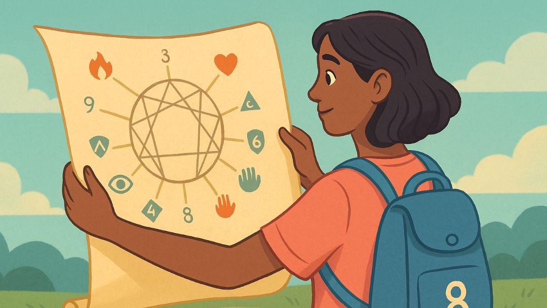 Woman studying enneagram chart with nine personality types to understand fears and self-awareness.