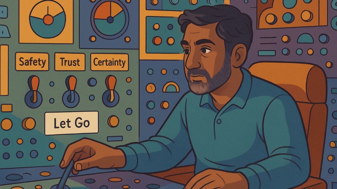 Man contemplating enneagram fears using control panel metaphor for safety, trust, and letting go.