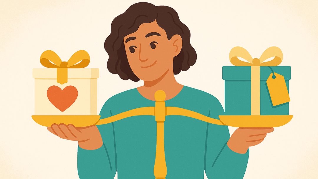 Person balancing thoughtful and practical gifts illustrating holiday gift budgeting by enneagram type.