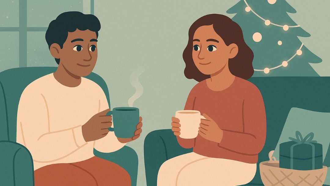 Couple relaxing with warm beverages as best holiday gifts for the enneagram type 9 peacemaker.