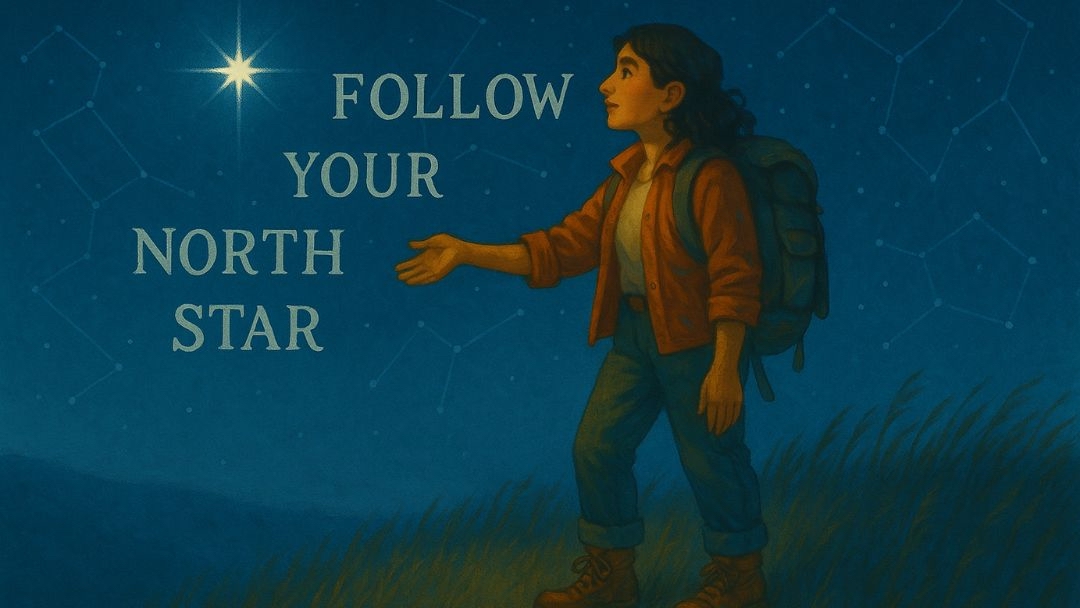 Illustration of a traveler walking under the night sky, reaching toward a bright North Star with the words “Follow Your North Star.” Symbolizes Enneagram growth—finding inner direction, integrating both stress and security paths to stay aligned with purpose.