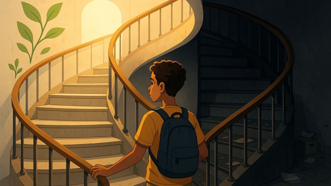 Illustration of a young person standing at the base of a split staircase—one side bright and one dark—symbolizing how the Enneagram can guide personal growth or be misused to judge others.