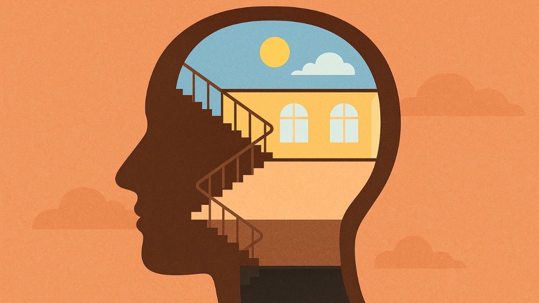 Illustration of a human head with an interior staircase leading upward toward light and sky, symbolizing personal growth and self-discovery through the Enneagram’s historical evolution.