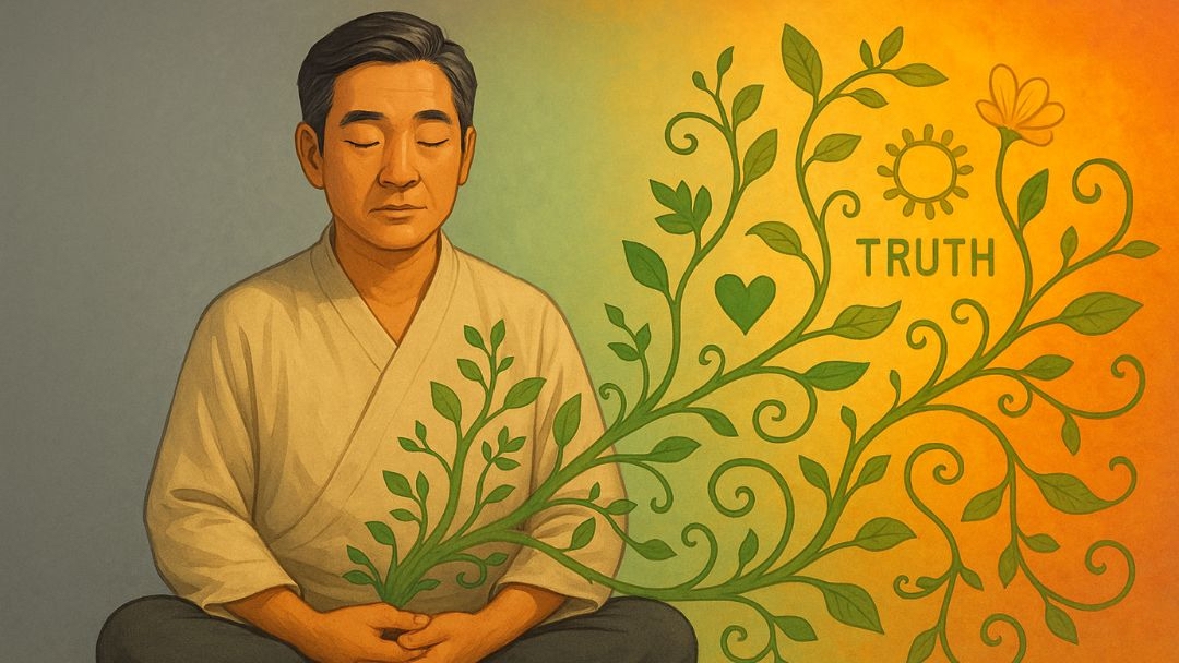 Illustration of a person meditating with a growing vine representing self-awareness, truth, and personal transformation—symbolizing how the Enneagram reveals inner motivations and core fears.