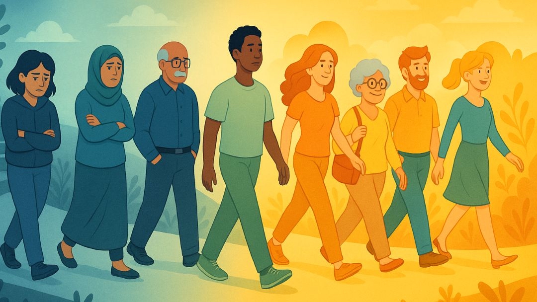 Illustration of diverse people walking from shadow into light, symbolizing the Enneagram journey of self-discovery and identifying your core personality type.