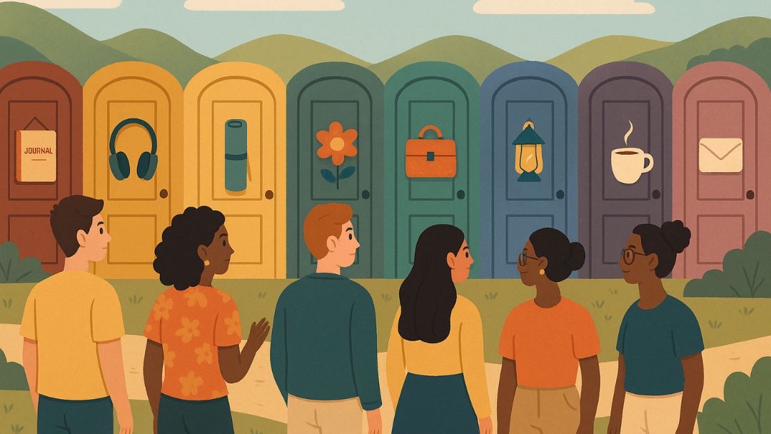 People exploring enneagram self-care options with doors representing each personality type's wellness needs.