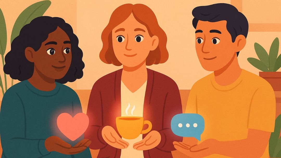 Group practicing enneagram self-care through connection, warmth, and meaningful communication.