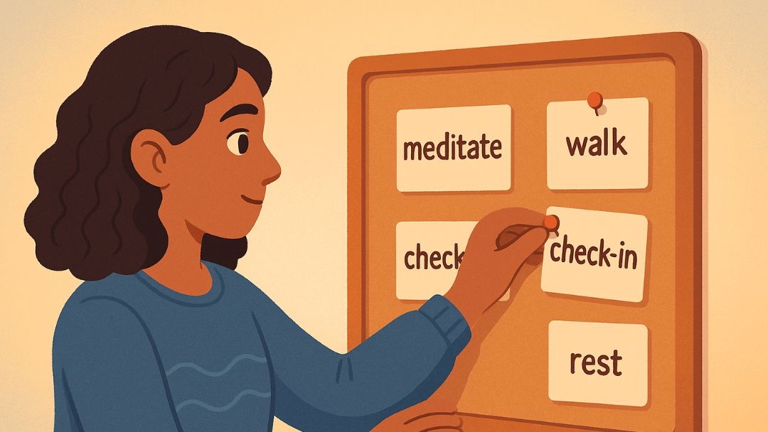 Enneagram Type 6 self-care routine with mindful check-ins, meditation, walks, and rest.