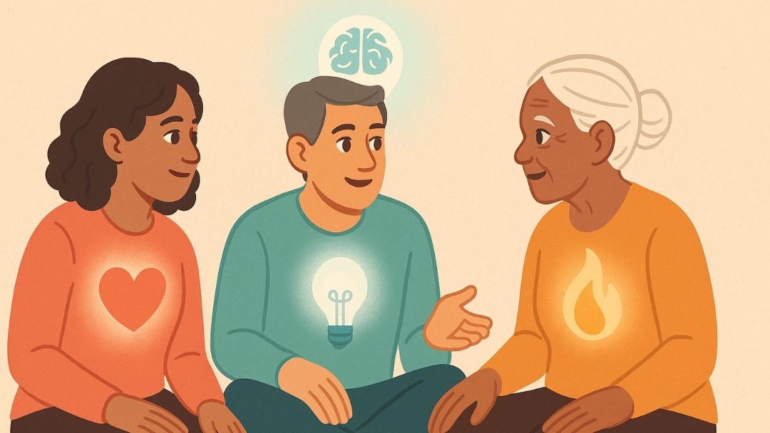 Three people representing heart, head, and gut Enneagram triads in supportive conversation.