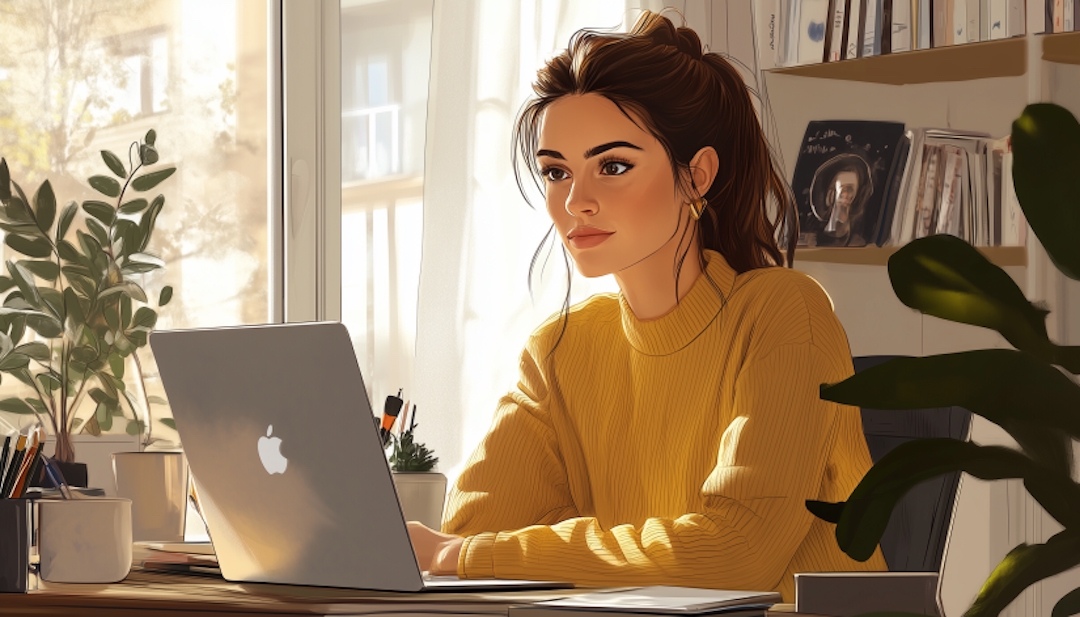 Enneagram 2 career professional working on laptop in warm, welcoming home office.