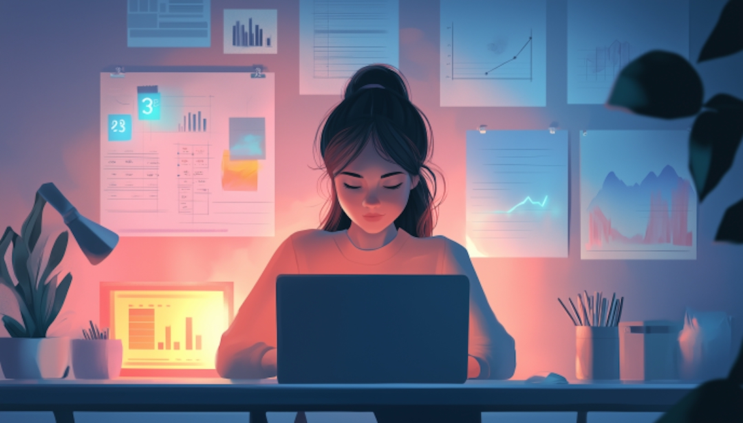 Enneagram 3 career professional working on laptop with performance charts and data.