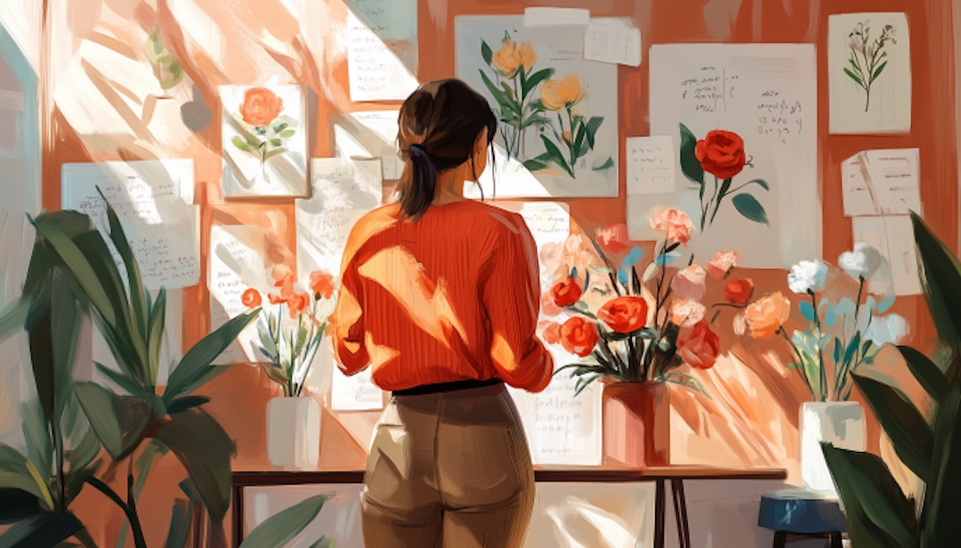 Enneagram 4 career professional in creative workspace with artwork and flowers.