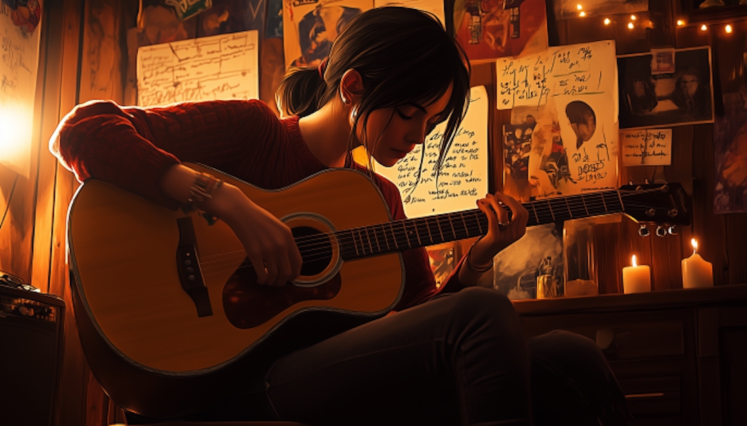 Enneagram Type 4 career path as musician playing guitar in creative home studio.