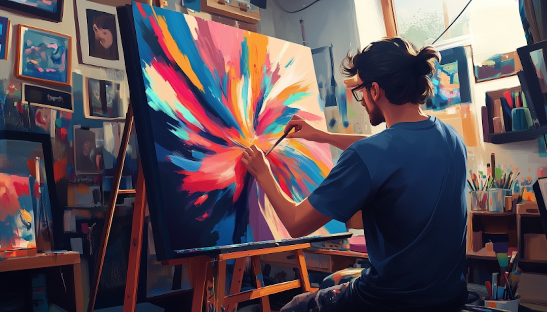 Enneagram 4 career as artist painting colorful abstract artwork in creative studio.