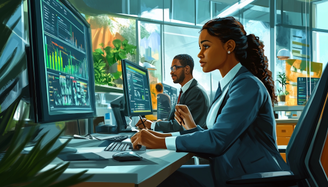 Enneagram Type 5 career professionals analyzing data in technical workplace.