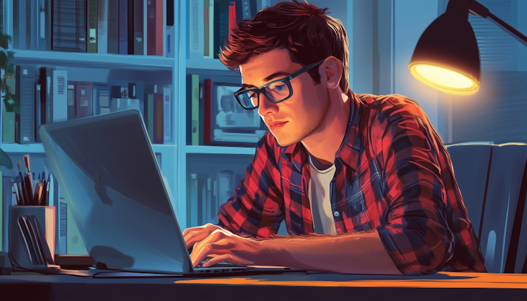 Enneagram 5 personality working independently at computer with books in background.