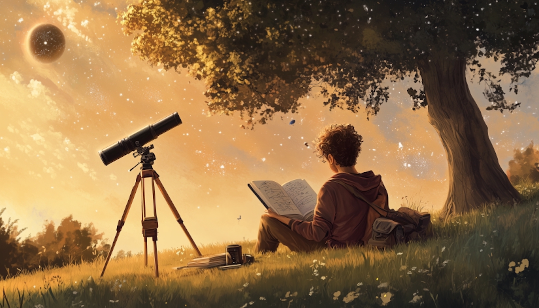 Person reading outdoors with telescope symbolizing investigative nature of Enneagram Type 5 careers.