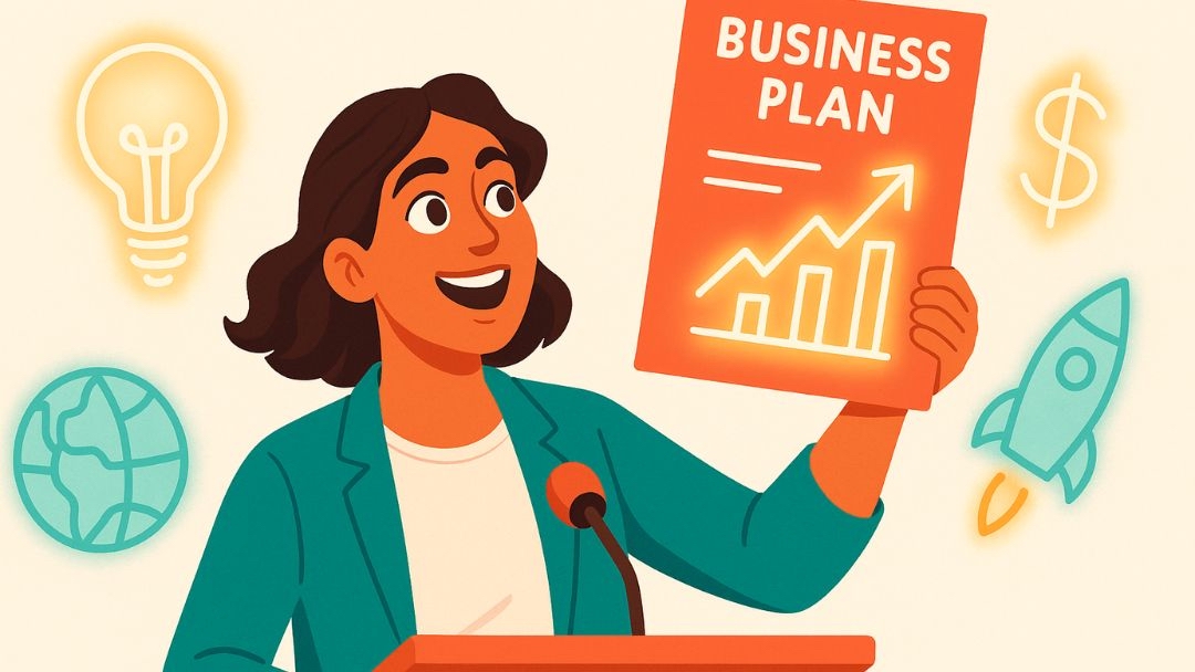 Woman with enterprising personality presenting business plan with growth chart and innovative ideas.