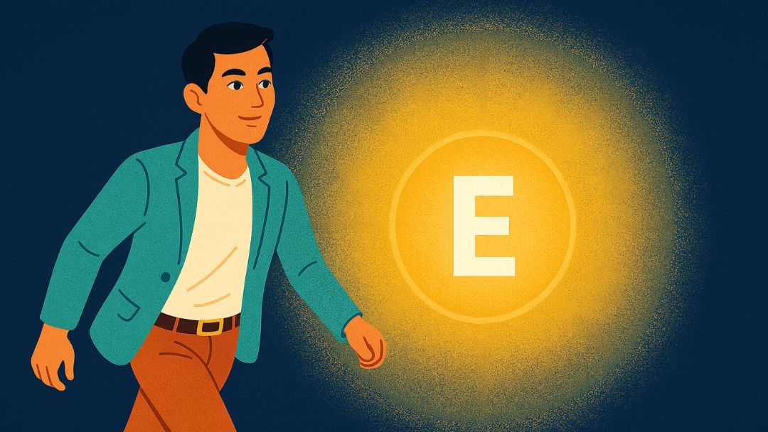 Person with enterprising personality type represented by glowing E symbol in Holland Code.
