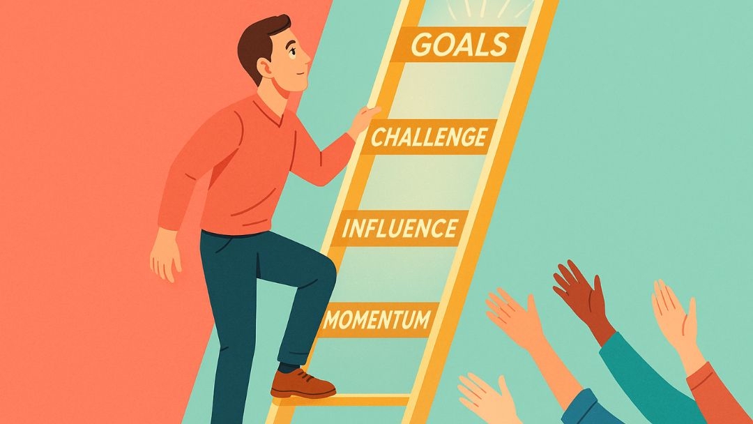 Man with enterprising personality type climbing ladder of goals, challenge, influence, and momentum in leadership.