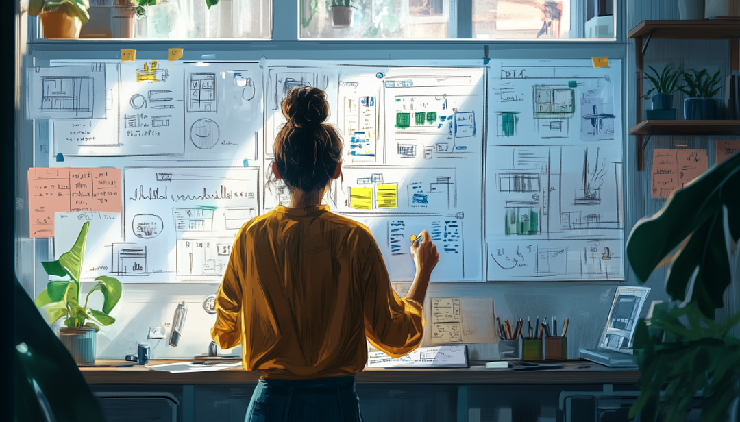 Professional reviewing creative project ideas on board showcasing ENTP-A careers in innovation and design.