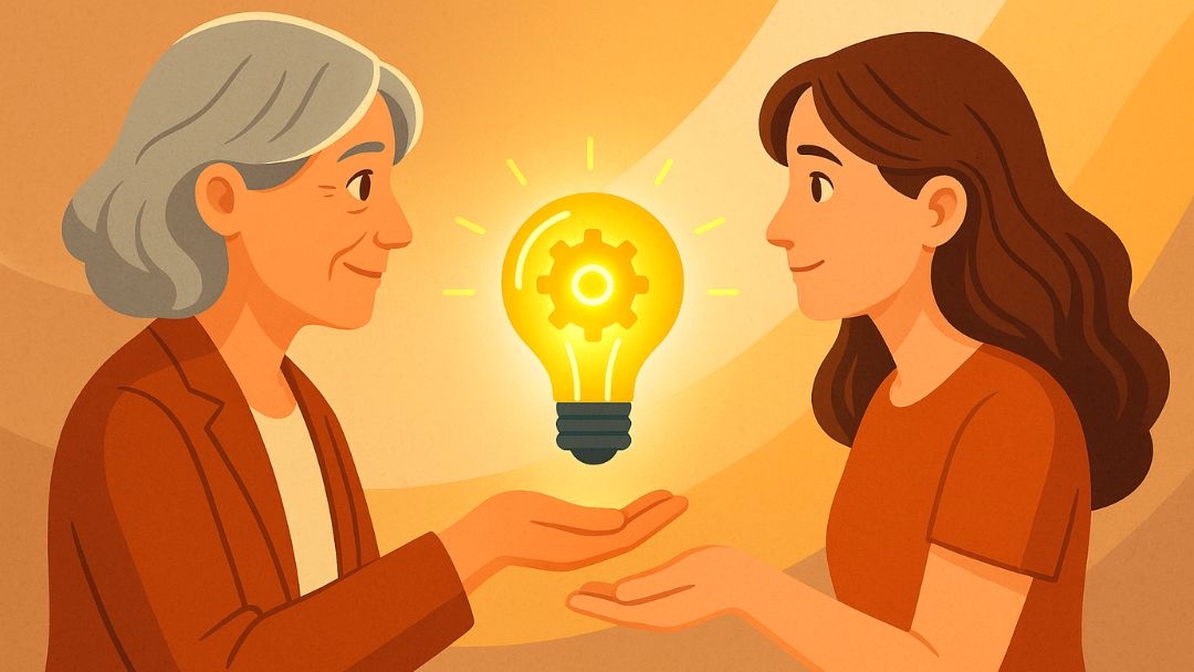 Two women sharing ideas representing benefits of entrepreneur personality test for self-discovery.