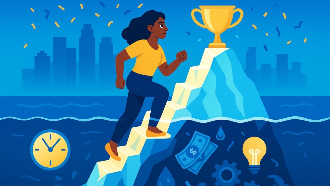 Woman climbing steps toward success trophy symbolizing entrepreneur personality traits and ambition.