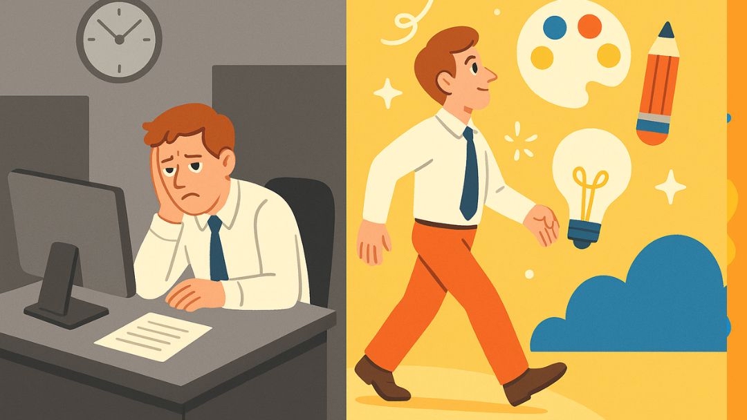 Split image contrasting bored office worker with creative entrepreneur personality pursuing passions.