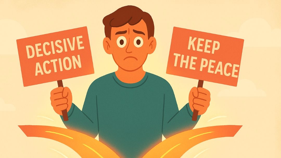 Conflicted entrepreneur with high agreeableness holding signs for 'decisive action' versus 'keep the peace' showing entrepreneurship challenges.