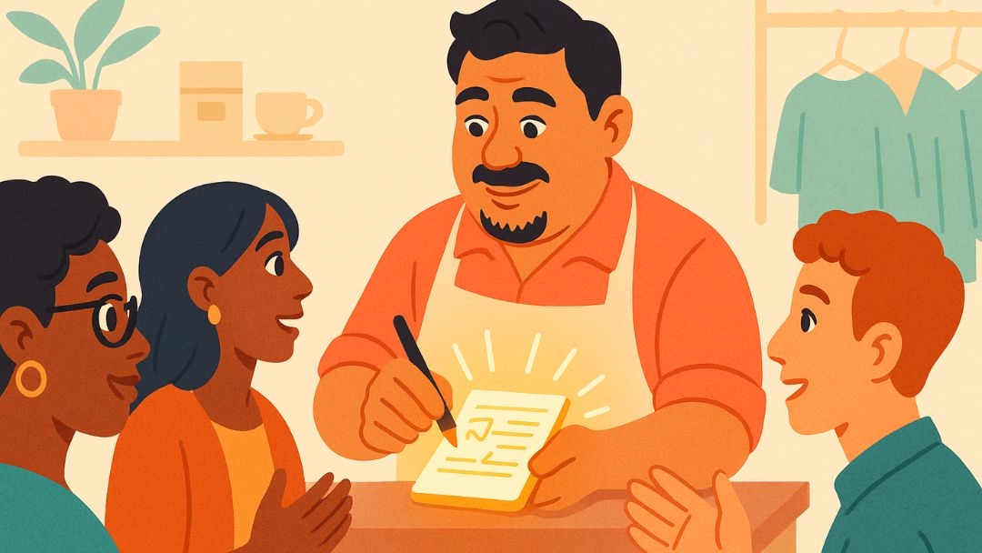 Friendly entrepreneur with high agreeableness taking customer orders in small business, showcasing collaborative entrepreneurship approach with diverse clientele.