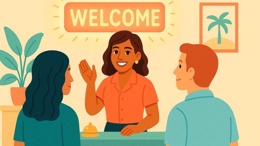 Welcoming entrepreneur with high agreeableness greeting clients at friendly business reception desk demonstrating collaborative entrepreneurship style.