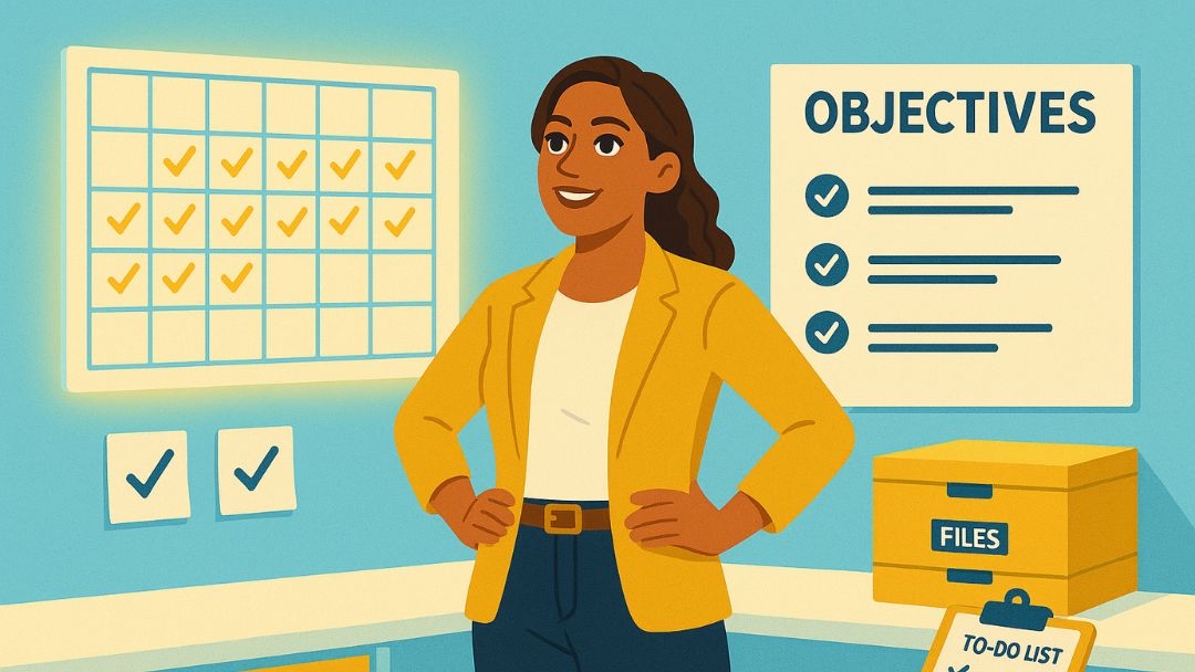 High conscientiousness entrepreneur with organized schedule, objectives checklist and filing system.