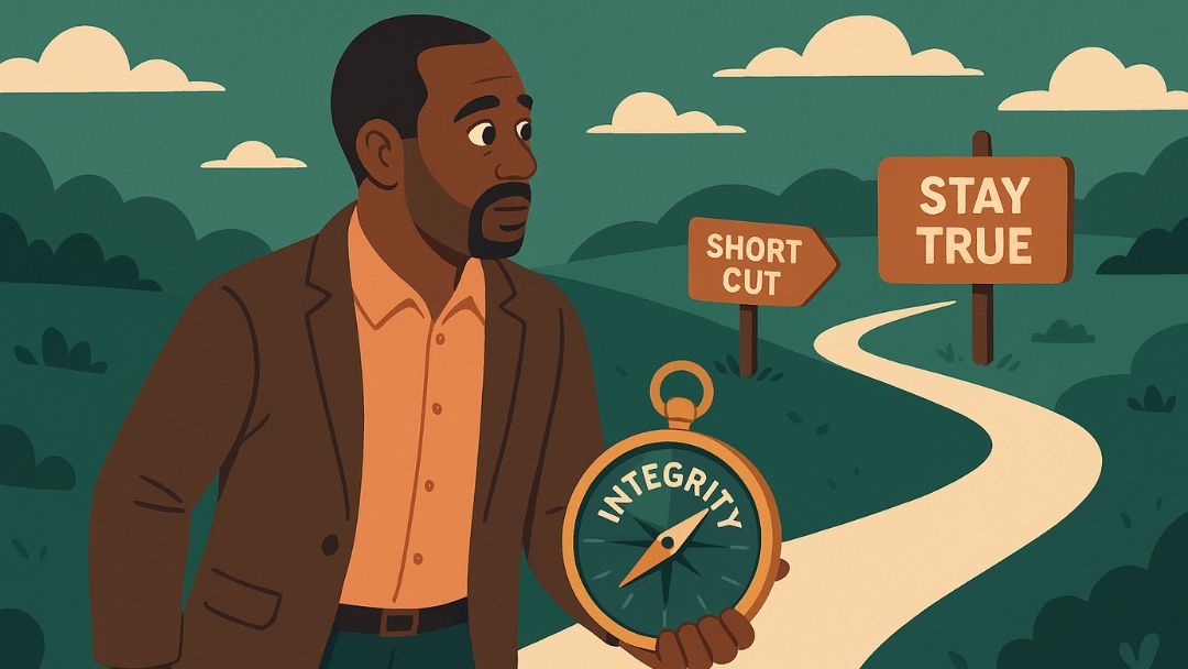 Conscientious entrepreneur choosing ethical integrity path over shortcuts in business decisions.