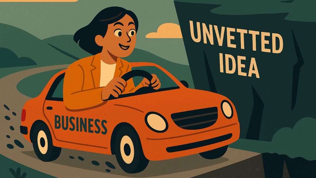 Illustration of entrepreneur driving a business car toward an unvetted idea, symbolizing risks of high extraversion entrepreneurship.