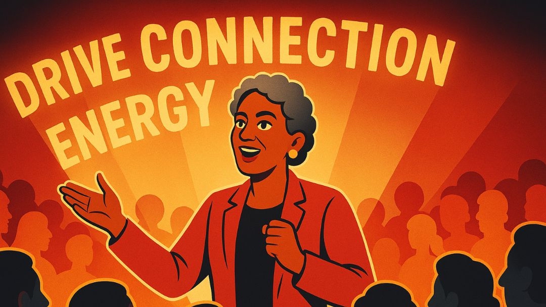 Illustration of energetic entrepreneur speaking to a crowd, showing drive and connection in high extraversion entrepreneurship.