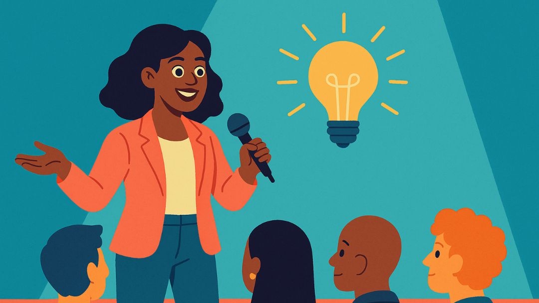 High extraversion entrepreneur energetically presenting innovative ideas to engaged audience with microphone.