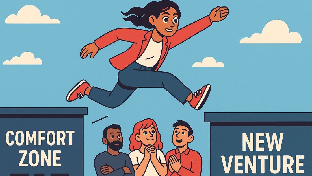 High extraversion entrepreneurship driving bold risk-taking as business leader leaps from comfort zone to new venture.
