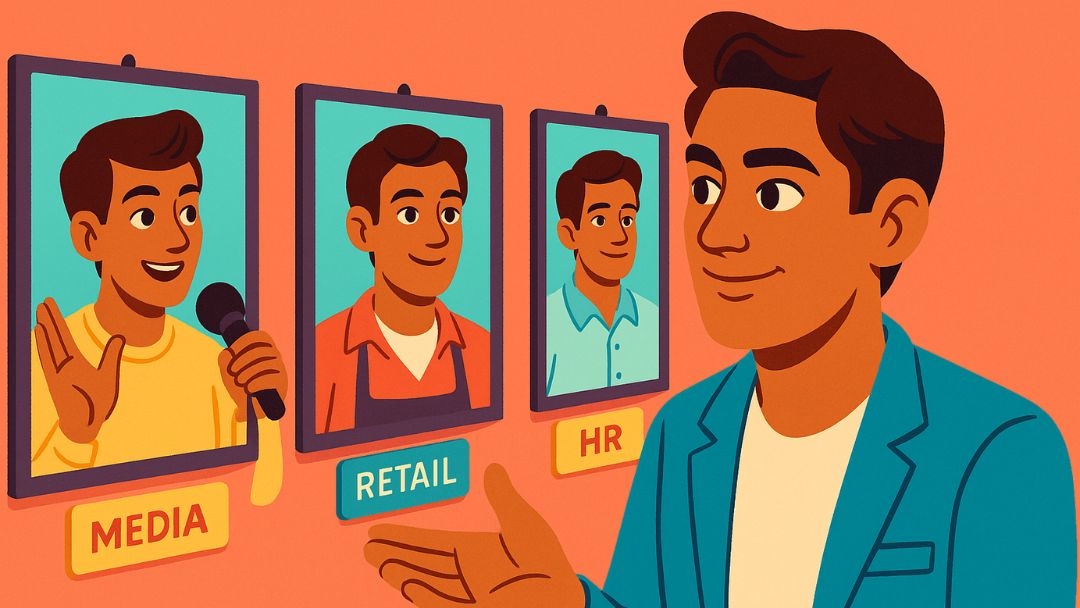 Illustration of entrepreneur choosing careers in media, retail, and HR, representing industries suited for high extraversion entrepreneurship.