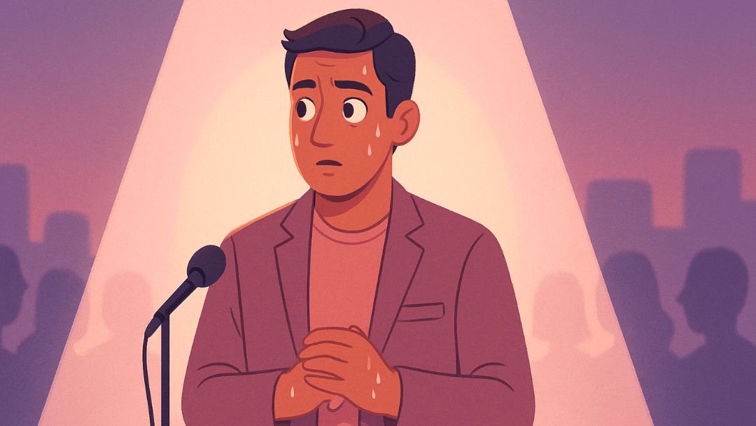 Anxious entrepreneur with high neuroticism managing public speaking stress during presentation.